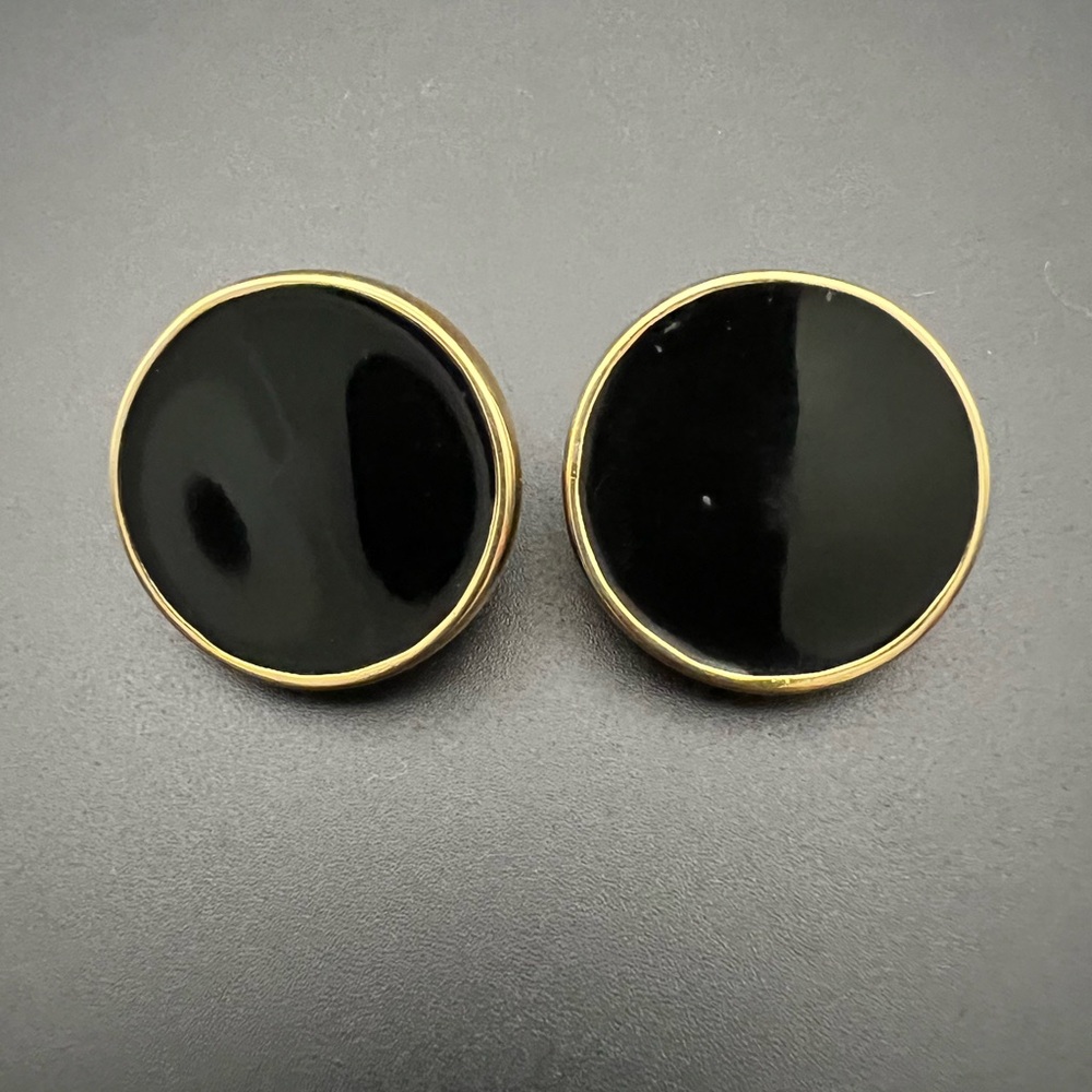 Black Enamel and Gold Tone Clip On Earrings